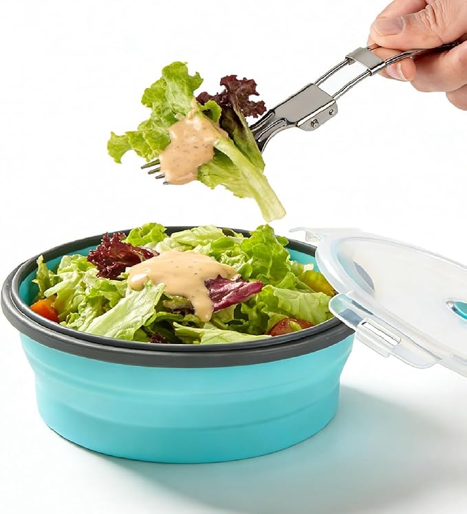 ColorCoral Camping Bowl with Lid Large Collapsible Silicone Bowl(1200ml/42oz) and Foldable Stainless Steel Fork for Travel and Camping Microvave and Fridge Food Storage