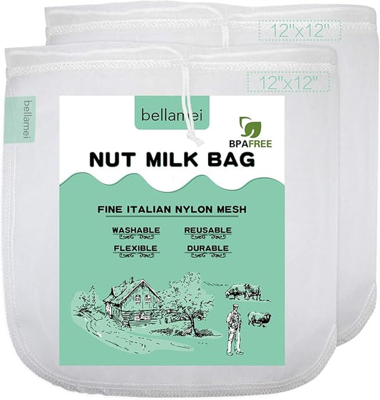 2 pack - XL 12"x12" Nut Milk Bags Reusable Food Strainers Nut Bags For Almond/Soy Milk Greek Yogurt Professional for Cold Brew Coffee Tea Beer Celery Juice Fine Nylon Mesh