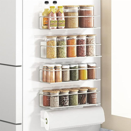 Magnetic Spice Rack For Refrigerator, Space Saving Magnetic Shelf For Fridge White 4 Pack