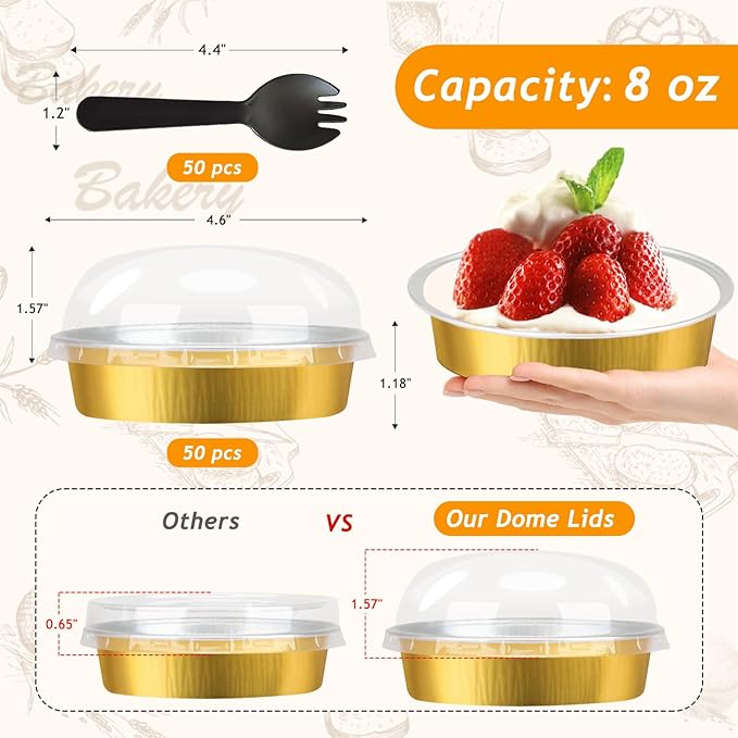 LNYZQUS 8oz Mini Cake Pans with Lids 50 Pack, Disposable Aluminum Foil Small Cake Pans 4 Inch Pie Tart Baking Tins,Individual Cheesecake Creme Brulee Pans Contaniers-Gold