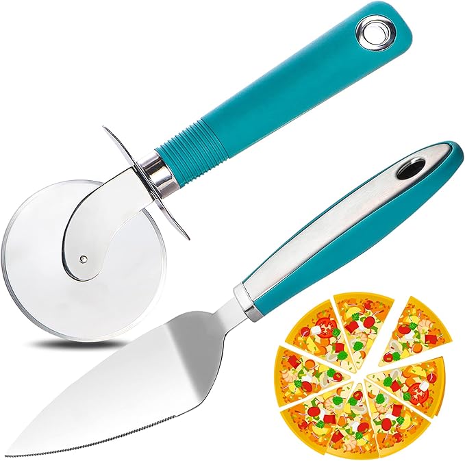 Webake Pizza Cutter Wheel Pie Serve Set, Large Pizza Slicer Stainless Steel Pie Cake Cutter with Non-slip Green Handle, Ideal for Cake Pizza Pies Dough Fudge