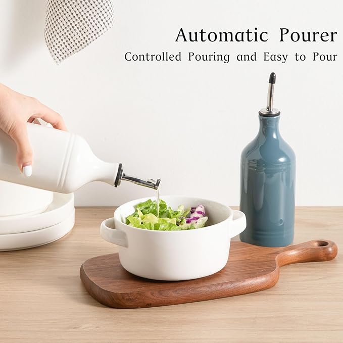 Sweejar Ceramic Olive Oil Dispenser Bottle Set, Opaque Oil Cruet Protects to Reduce Oxidation, Suitable For Storage Of Vinegar, Soy Sauce & Other Liquids,Pack of 2,15.5 Fl Oz（White Fogblue）