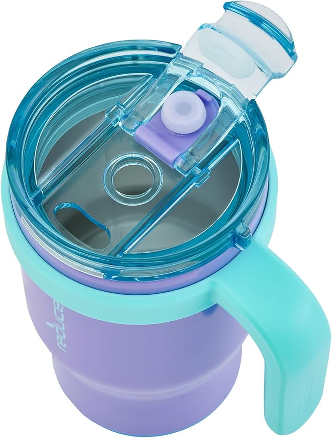 REDUCE 14 oz Coldee Tumbler with Handle for Kids - 2 Pack, Leakproof Insulated Stainless Steel Mug with Lid & Spill-Proof Straw, Keeps Drinks Cold up to 18 Hrs, Purple and Teal