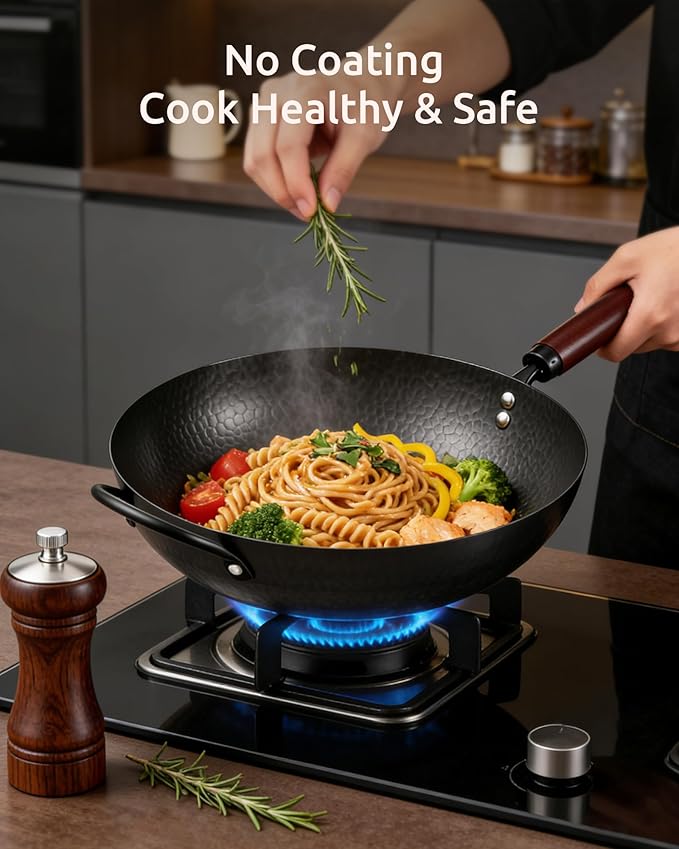 Wok Pan, Carbon Steel Wok, Woks & Stir-Fry Pans Nonstick, 13 Inch Wok Pan with Wooden Lid, Pre-Seasoned Carbon Steel Cookware, 5.8QT Flat Bottom Chinese Wok Paella Pan, Compatible with All Cooktops