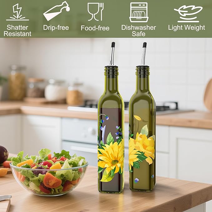 COOLMI Oil and Vinegar Dispenser Set - 17oz/500ML Premium Glass Olive Oil Dispenser Bottles for Kitchen, Oil Dispenser for Kitchen (Yellow Daisy)