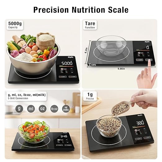 Smart Nutrition Food Scale with 2" TFT Display, Diyife Kitchen Scale with Nutritional Calculator, Calorie, Fat, Carb, Protein Tracking, 50 Food Preload, Support for App Customization, Battery-Powered