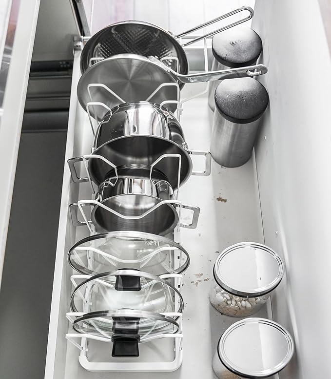 YAMAZAKI Home Tower Adjustable Lid & Pan Organizer - Kitchen Drawer Storage Shelf Rack - Steel