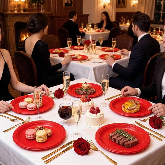 WELLIFE Red Party Plates 10 Inch -150 Count, Plastic Disposable Plates for Valentine's Day Dinner Party Easter Mother's Day