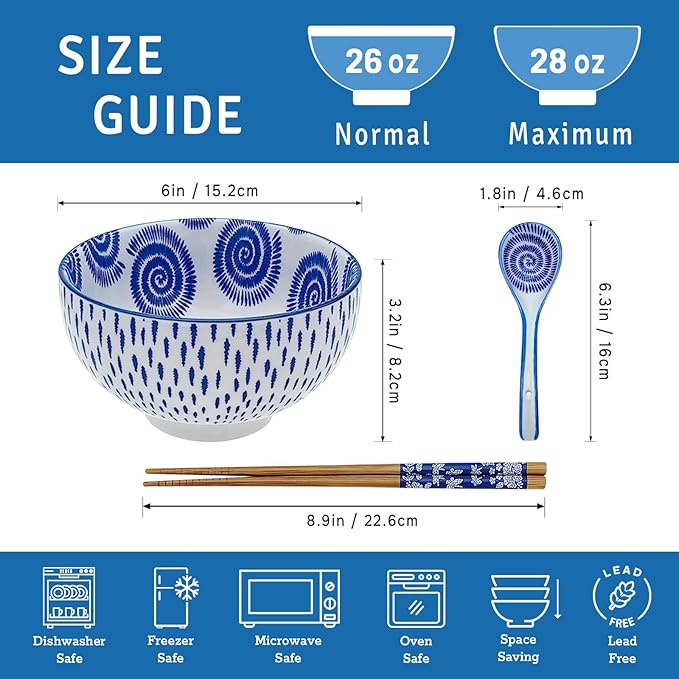 Japanese 28 Oz Ceramic Ramen Noodle Soup Cereal Pho Rice Salad Bowl Set with Chopsticks and Spoons, Premium Gift Set for House Warming, Birthday, Holiday, Microwave Safe, Dishwasher Safe