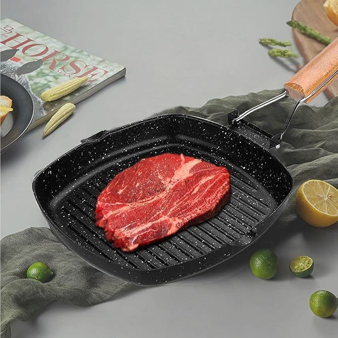 Non-stick Grill Pan with Folding Handle for Meat, Fish and Vegetables For All Heat Sources 24cm/9.4IN for Stove Tops, Induction, Black