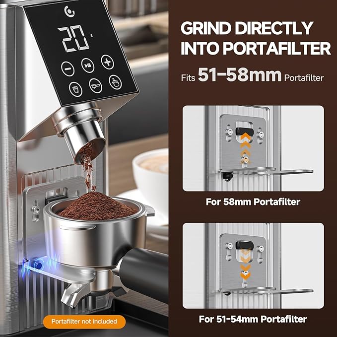Burr Coffee Grinder with 45 Gind Settings, Anti-Static Conical Burr, Precision Electronic Timer & LED Touchscreen for Espresso/Drip/Cold Brew/French Press, All-Metal Stainless Steel Body, Silver