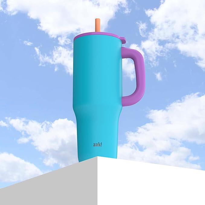 Zak Designs Sutton Travel Tumbler for On the Go, 40oz Stainless Steel with Vacuum Insulation, Silicone Straw, and Carry Handle for Cold Drinks (Turquoise)