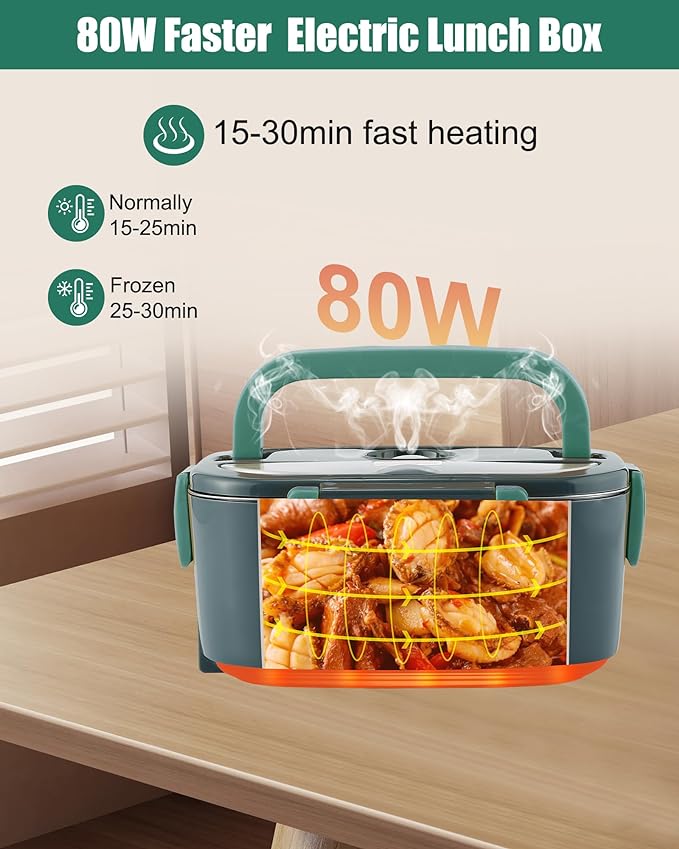Buddew Electric Lunch Box for Adults, 80W Heated Lunch Box with Dual 1.5L Stainless Steel Portable Food Warmer,12/24/110V Lonchera Electrica Portatil for Travel&Work, Loncheras para Hombres de Trabajo