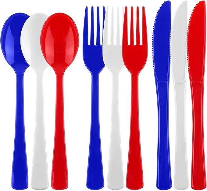 Kochorie 300 Pieces 4th of July Plastic Silverware, Heavy Duty Independence Day Cutlery Set, Disposable Plastic Utensils Includes Spoons Forks Knifes for Memorial Day Veterans Day, Red Blue White