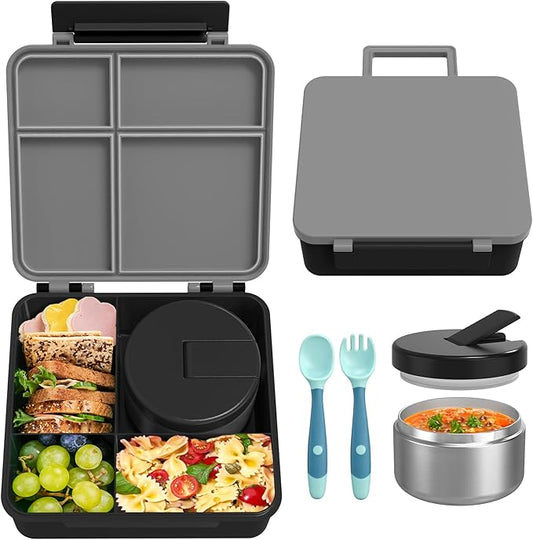 Bento Lunch Box Kids with 8oz Soup Thermo, Leak-Proof Lunch Containers with 4 Compartment, Thermo Hot Food Jar and Insulated Lunch Box for School Black