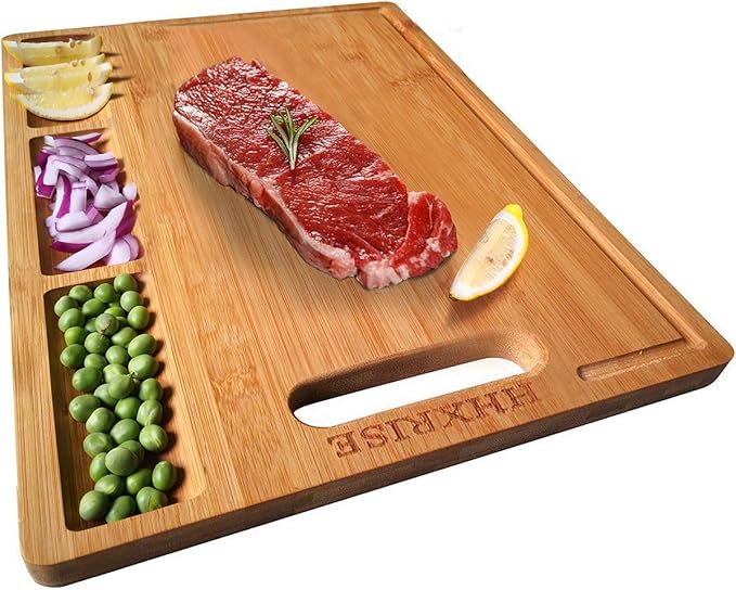 Bamboo Cutting Boards for Kitchen with 3 Compartments & Juice Grooves, Double-Sided Chopping Board with Handle, Kitchen Gifts, Wood Cutting Boards for Meats Vegetable Fruits (15.2x10.5x0.6'')