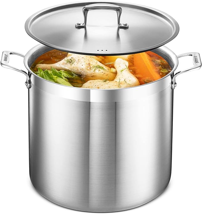 Stainless Steel Stockpot with Lid 20 Quart, Durable 18/8 Stainless Steel, Impact-Bonded Base for Even Heating, Riveted Handles, Oven & All Stove Compatible, Safe Up To 500°F (260°C)