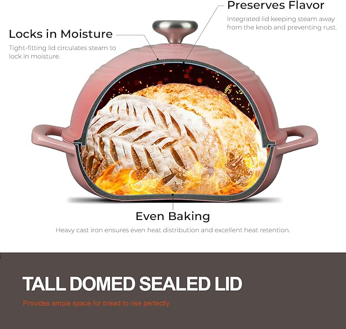 Overmont Enameled Cast Iron Bread Oven - 6QT Bread Dutch Oven for Sourdough Bread Baking - Bread Pot with Dome Lid Cotton Potholders & Cookbook - Multi-Functional Bread Pan For Baking Frying Roasting