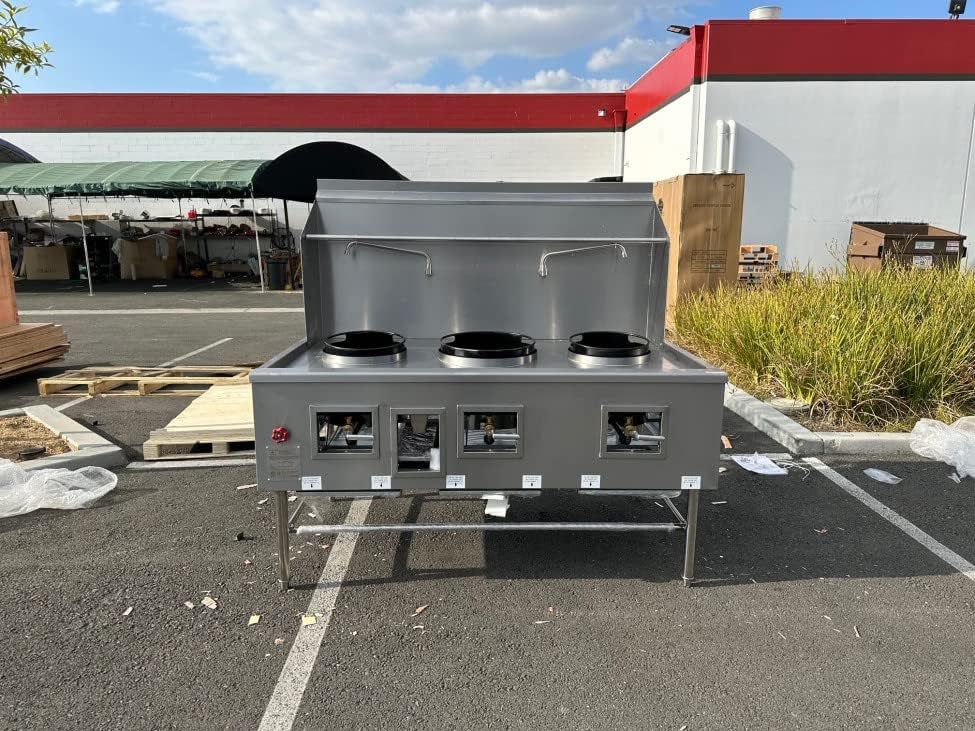 cooler depot Chinese Wok Range with Waterfall, 67"Width 3 hole burner ring propane/natural gas LP NG, NSF Certified