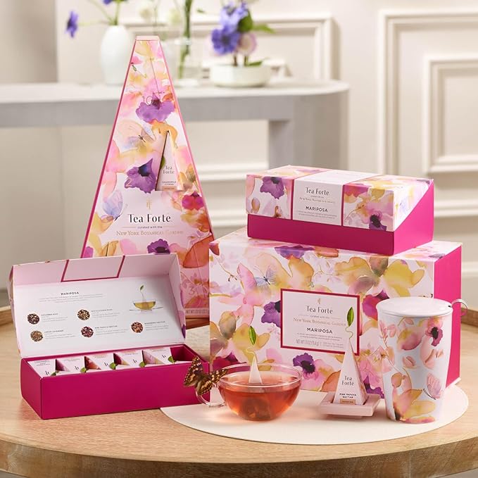 Tea Forte Easter Gifts for Adults -Premium Petite Presentation Box Gift Set Sampler, 10 Count, 2 of Each Blend Individually Wrapped Handcrafted Pyramid Infuser Bags, Mariposa Tea