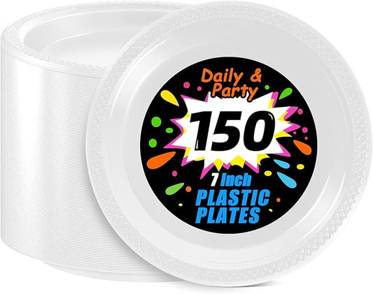 WELLIFE 7 Inch White Dessert Plates 150 Count, White Plastic Disposable Plates for Party Dessert Appetizers Salad Wedding Engagement Birthday