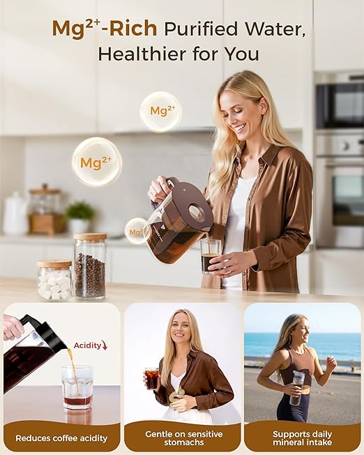 Waterdrop Cold Brew Coffee Maker with 1 Magnesium Water Filter for Well-Balanced Acidity, Unlocks Aroma, BPA-Free Cold Brew Pitcher, Stainless Steel Filter for Iced Coffee, Tea, Lemonade, Brown