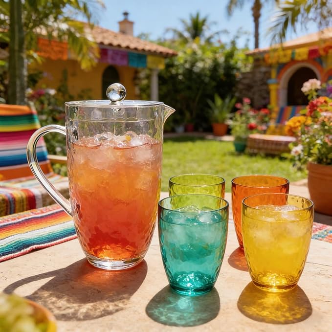 Pitcher with Lid and 4 Tumblers Set, 92oz Plastic Water Jug, BPA-Free Beverage Pitcher for Fridge, Large Drink Carafe for Party, Juice, Ice Tea, Sangria, Lemonade, (Set of 5 in Gift Box)