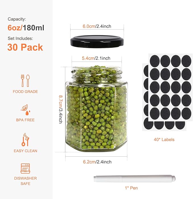 Betrome 6oz Hexagon Glass Jars, 30 Pack with Black Lids - 180ml Clear Glass Canning Jars for Honey, Spices, Jams, Shower Favors, Wedding Favors and Craft - Includes 1 Pen and Labels