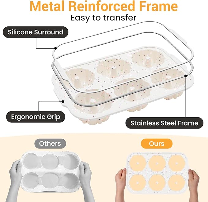FUNBAKY Jumbo Fluted Tube Cake Pans with Metal Reinforced Frame, 2Pcs Silicone 6-Cavity 4 IN Flan Molds, Nonstick Baking Mold for Cupcake, Brownie, Donuts, Cornbread, Jello