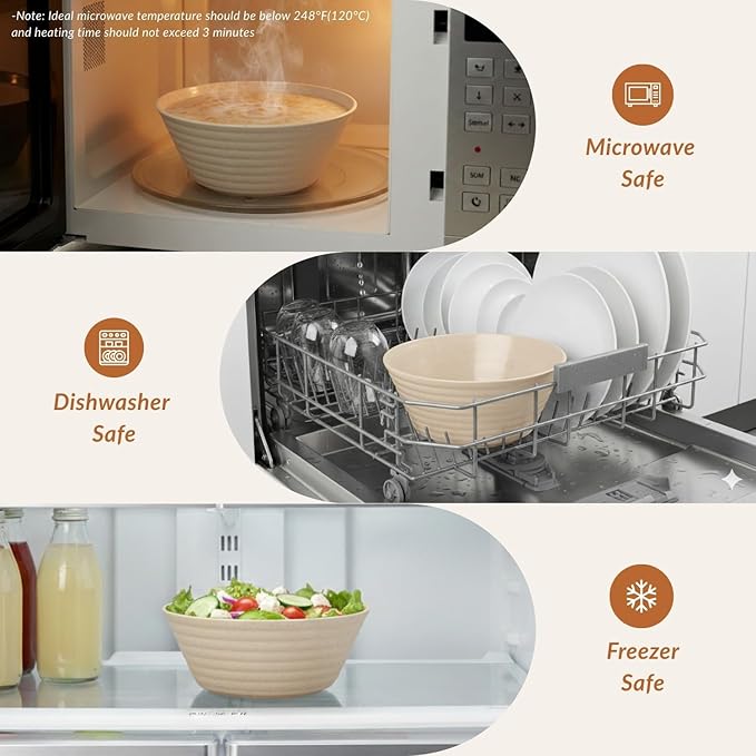 Homienly Premium Wheat Straw Bowls, Unbreakable Large Cereal Bowl Set of 6, Alternative to Plastic Bowls, Microwave & Dishwasher Safe 50 OZ Big Bowl for Home, Outdoor- Beige