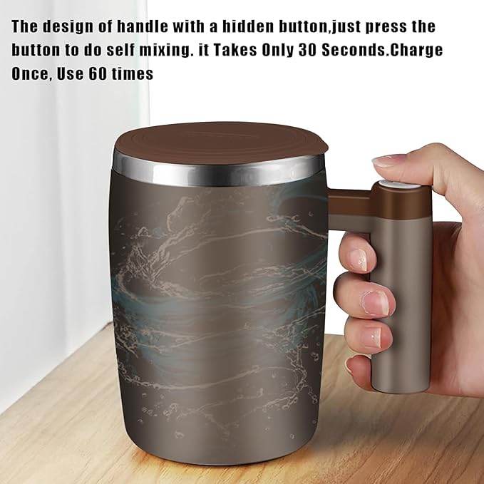 Self Stirring Mug,Rechargeable Auto Magnetic Coffee Mug with 2Pc Stir Bar,Waterproof Automatic Mixing Cup for Milk/Cocoa at Office/Kitchen/Travel 14oz Best Gift - Brown