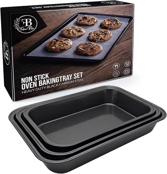 Fusion Bliss Nonstick Baking Sheets Set – 3-Piece Heavy Duty Carbon Steel Oven Pans for Roasting & Cookie Baking – Deep Rimmed Cookie Sheet Pan Set – Kitchen Cookware Essentials