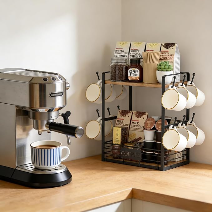 Coffee Mug Rack with 12 Hooks, 2-Tier Coffee Cup Holder with Shelf and Storage Basket, Kitchen Mug Organizer for Bar Kitchen Déco