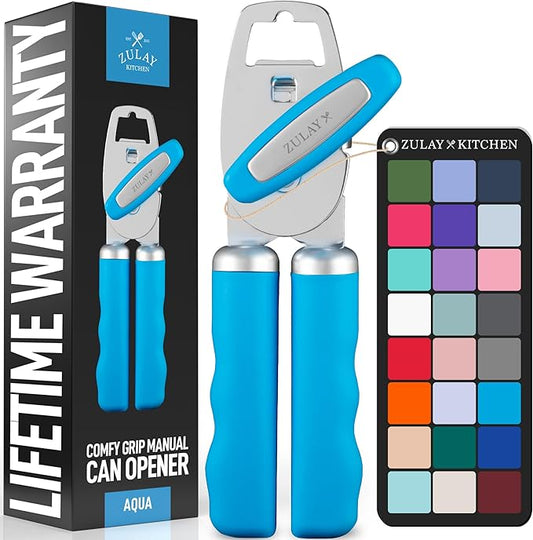 Zulay Kitchen Heavy Duty Stainless Steel Can Opener Manual with Bottle Opener - Rust Proof Manual Can Opener With Turn Knob & Comfy Soft Grip Handles - Aqua