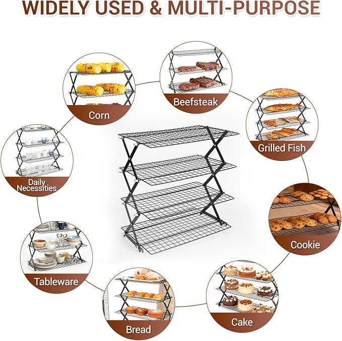 4-Tier Collapsible Cooling Rack - Adjustable Stackable Cooling Rack for Cooking and Baking, 16" x 10" Cookie Cooling Rack, Drying Rack - Black