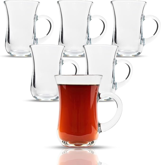 Turkish Tea Glasses With Handle - 24 pcs Tea Cups, Slim Waist Design and Thick Sole Prevent the Tea From Getting Cold, Capacity 145cc, 4 3/4 Oz, 2.5" x 4H