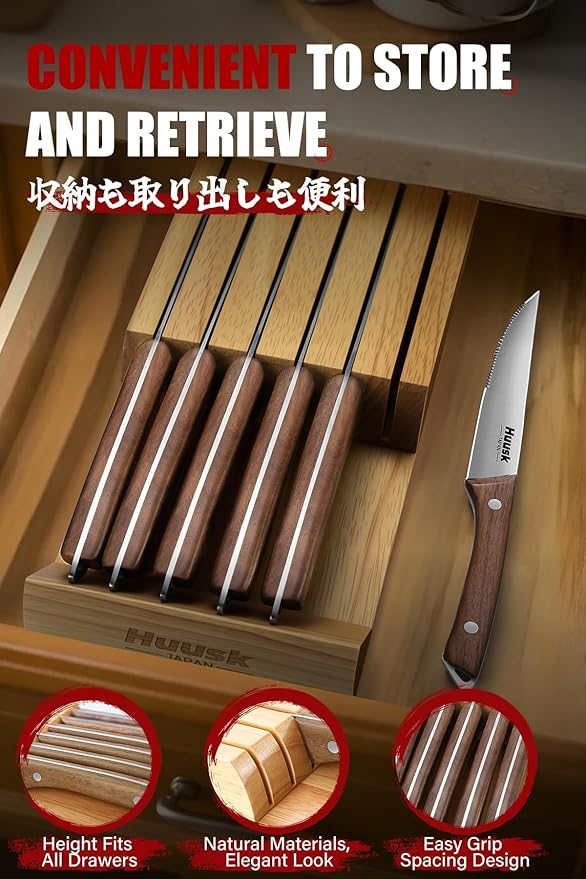 Huusk Steak Knives Set of 6 with Drawer Organizer-4.5 in Japanese Serrated Steak Knife Set with Block, Serrated & Straight Dual-Edge, Stainless Steel Steaks Knives with Holder, Christmas Gifts for Men