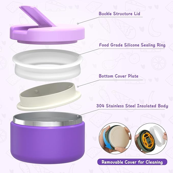 Bento Lunch Box Kids with 8oz Soup Thermo, Leak-Proof Lunch Containers with 4 Compartment, Thermo Hot Food Jar and Insulated Lunch Box for School Purple