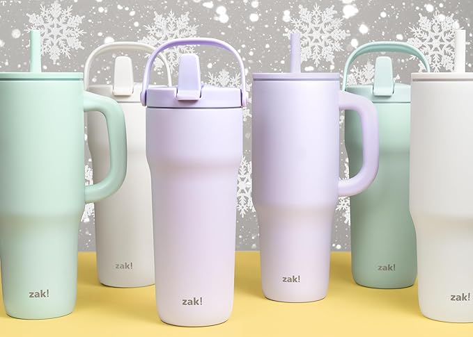 Zak Designs Sutton Travel Tumbler for On the Go, 40oz Stainless Steel with Vacuum Insulation, Silicone Straw, and Carry Handle for Cold Drinks (Smoky Lilac Purple)