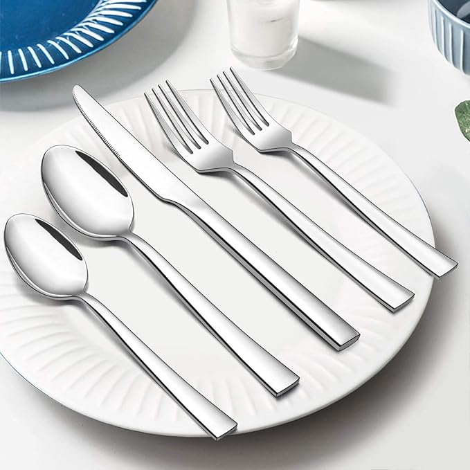 20-Piece Silverware Set, E-far Stainless Steel Flatware Set Service for 4, Modern Tableware Cutlery Set includes Forks, Spoons, Knives, Square Edge & Mirror Finish, Dishwasher Safe