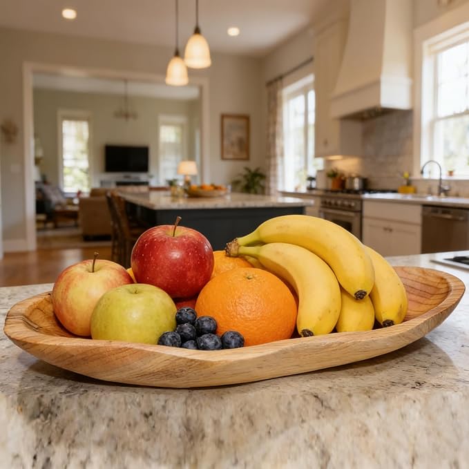 15-Inch Wavy Wooden Fruit Bowl - Handcrafted Solid Wood Decorative Basket for Kitchen Countertop - Large Rustic Dough Bowl Centerpiece, Natural Driftwood Decor for Bread & Snacks