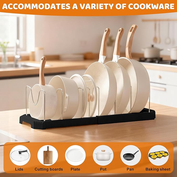 Pots and Pans Organizer Under Cabinet, 10-Slot Expandable Pot Rack Organizer with Cup Brush, Kitchen Pots and Pans Organizer for Cookware, Lids, Bakeware, Cutting Boards Tool-Free Installation (Black)