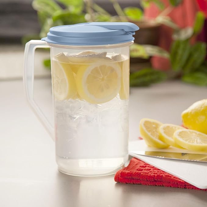 Sterilite 12 Pack 1 Gal Round Pitcher, Drink Dispenser Jug, Flip Tab Lid, Washed Blue