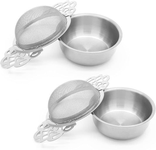 2 Pack Tea Strainer Bowl, Stainless Steel Loose Leaf Tea Filter for 2.5-4 Inch Cup Mouth, Silver
