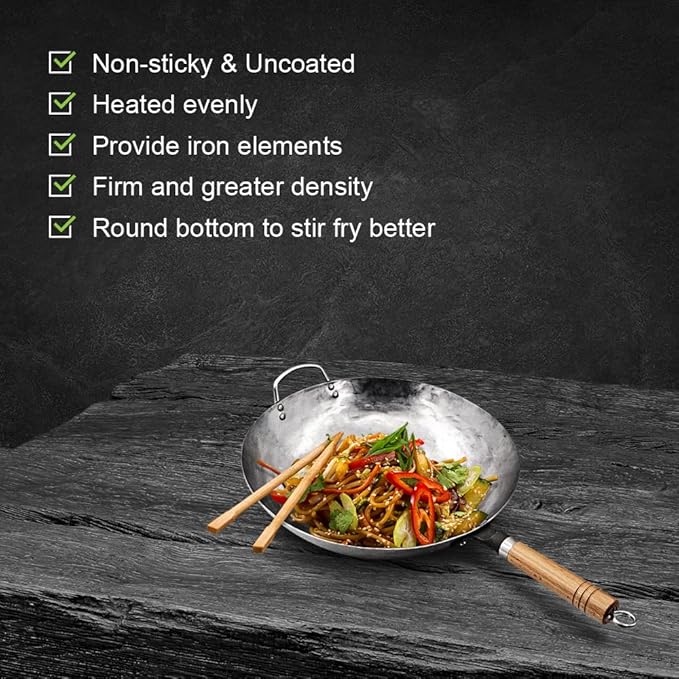 Carbon Steel Wok Pan, Stir Fry Pans, 13 Inch Wok Pan with Support Ring and Spatula, Nonstick Woks and Stir-fry Pans, No Chemical Coated Round Bottom Chinese Wok for Electric, Gas, All Stoves