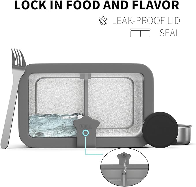 Stainless Steel Bento Box for Adult, 42oz Leak-Proof Metal Lunch Box Containers with Adjustable Divider, Microwave-Safe, Lunchbox with Glass Lid for Work Travel, Silver