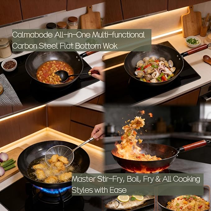 Calmabode 13" Pre-Seasoned Carbon Steel Flat Bottom Wok - Fast, Even Heating - Works on Gas, Electric & Induction - Durable Commercial-Grade - Ready-to-Use, Easy Maintenance - Toxin-Free Cooking