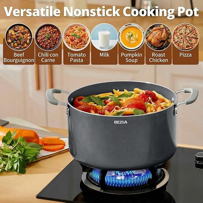 10 Quart Nonstick Stock Pot with Lid - BEZIA Ceramic Large Soup Pot, Big Pot with Silicone Handles, Easy Cleanup, Compatible with All Cooktops, Perfect for Roasts, Large Batches & Holiday Cooking
