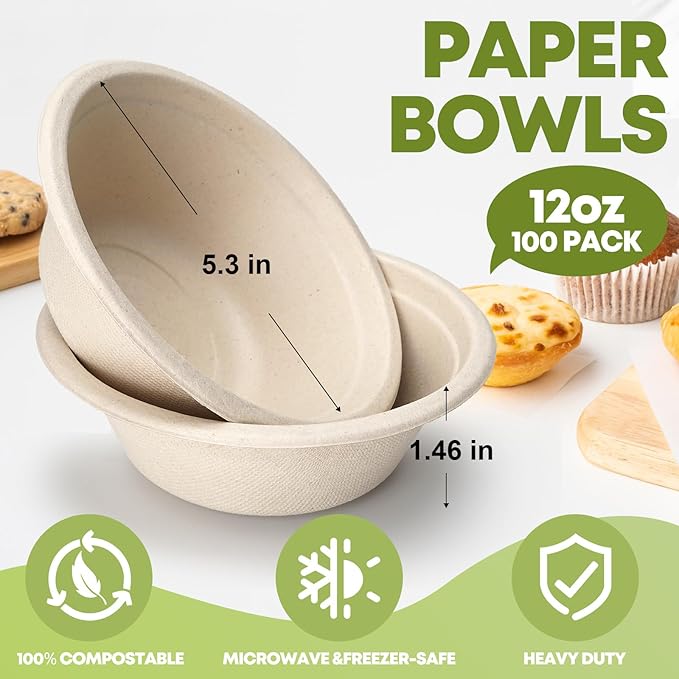 W&Y 12 oz Paper Bowls, 100-Count Disposable Compostable Bowls, Microwave Safe & Heavy Duty, Biodegradable Sugarcane Fiber Bowl for Hot Soup, Salad, Snacks, and Party Use