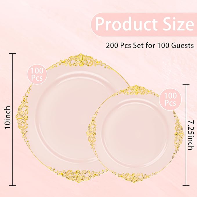 200PCS Pink and Gold Plates - Pink Plastic Plates - Fancy Disposable Plate with Gold Rim - Vintage Wedding Dinner & Dessert Plate Easter for 100 Guests for Wedding & Bridal Shower